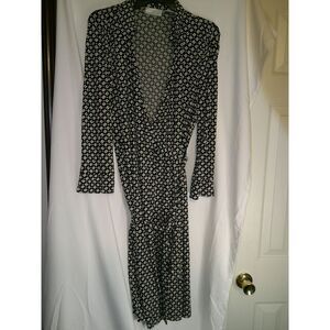 Worthington Black & Cream Geometric Print Wrap Dress‎ Long Sleeve Professional M